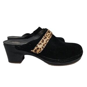 Crocs Sarah Suede Leather Mule Clogs Black Leopard Animal Print Womens Sz 9W EUC